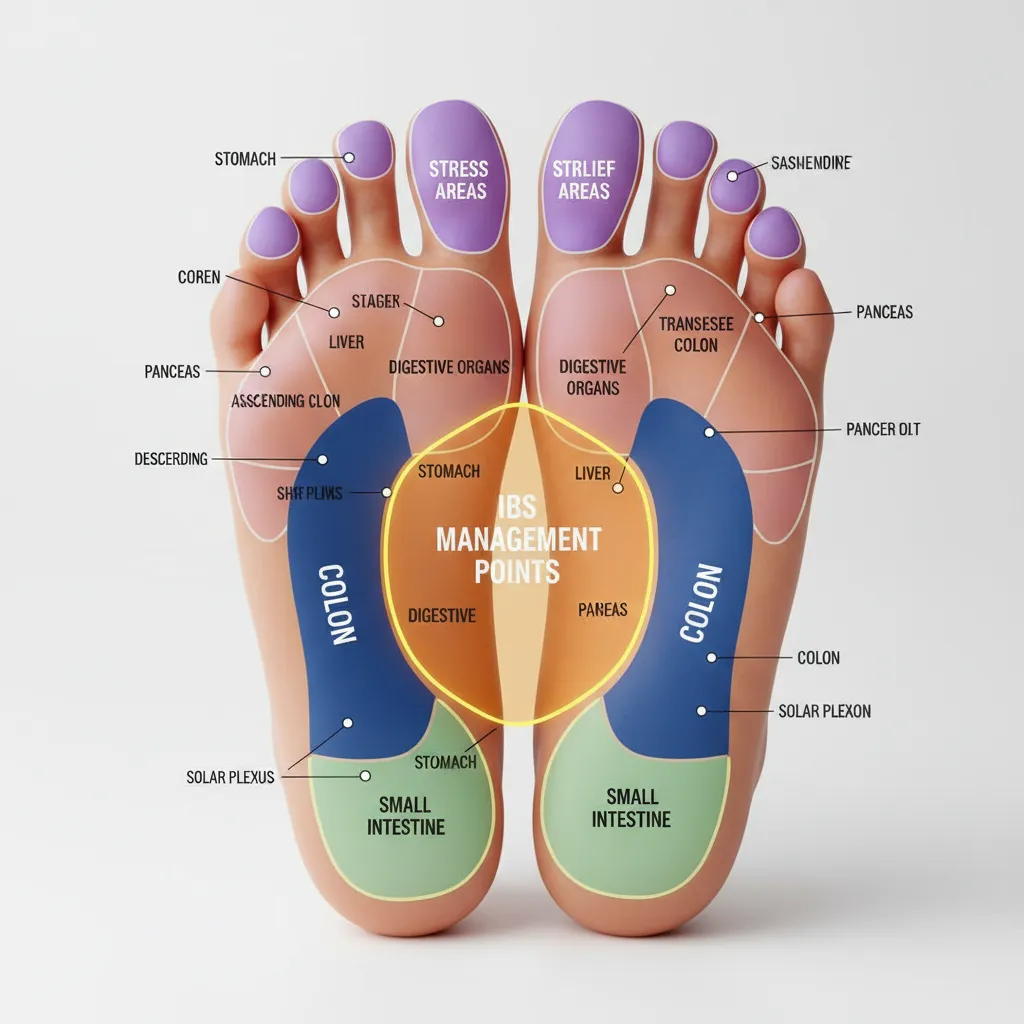 Reflexology foot chart highlighting digestive and stress relief points for IBS
