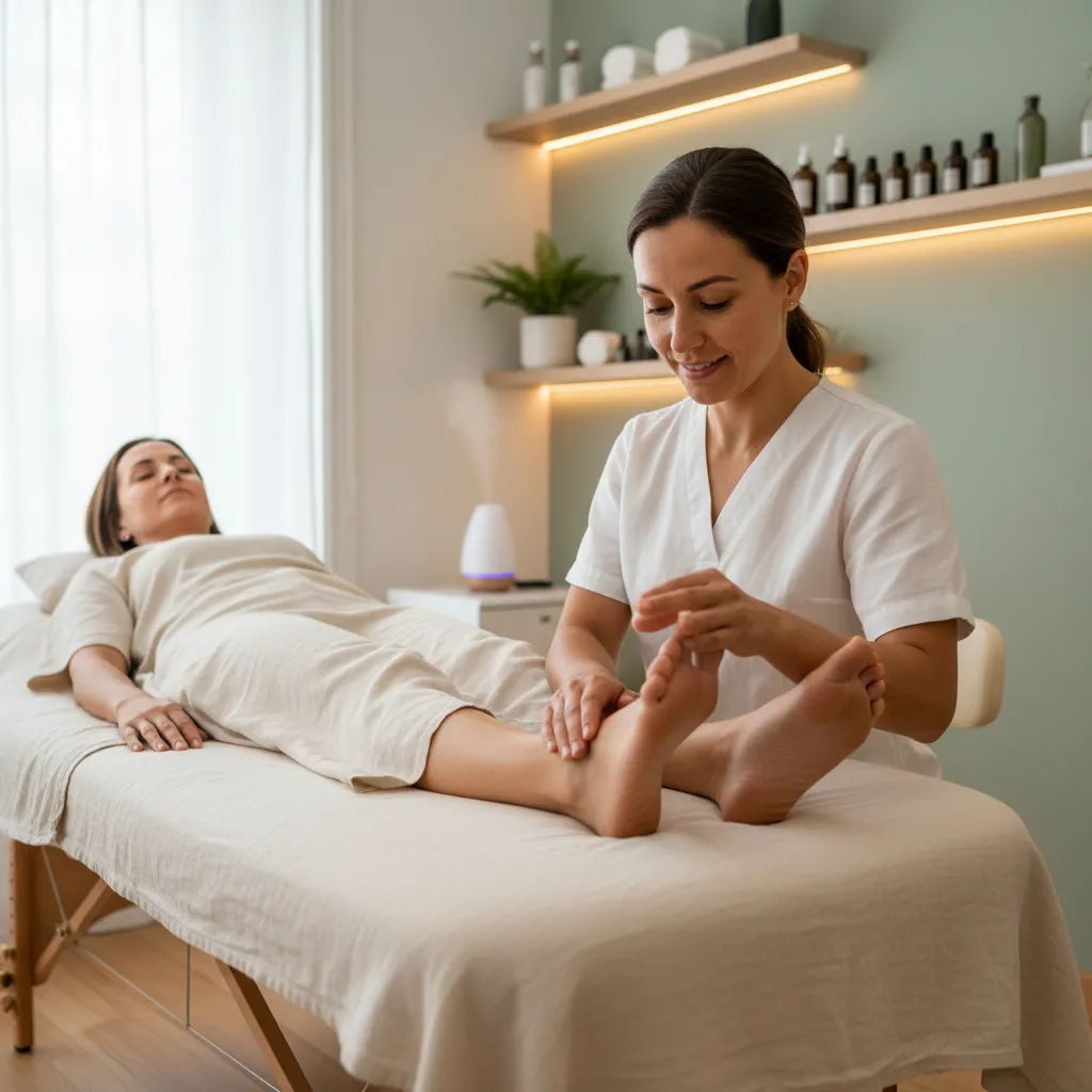 Reflexologist applying pressure to foot reflex points