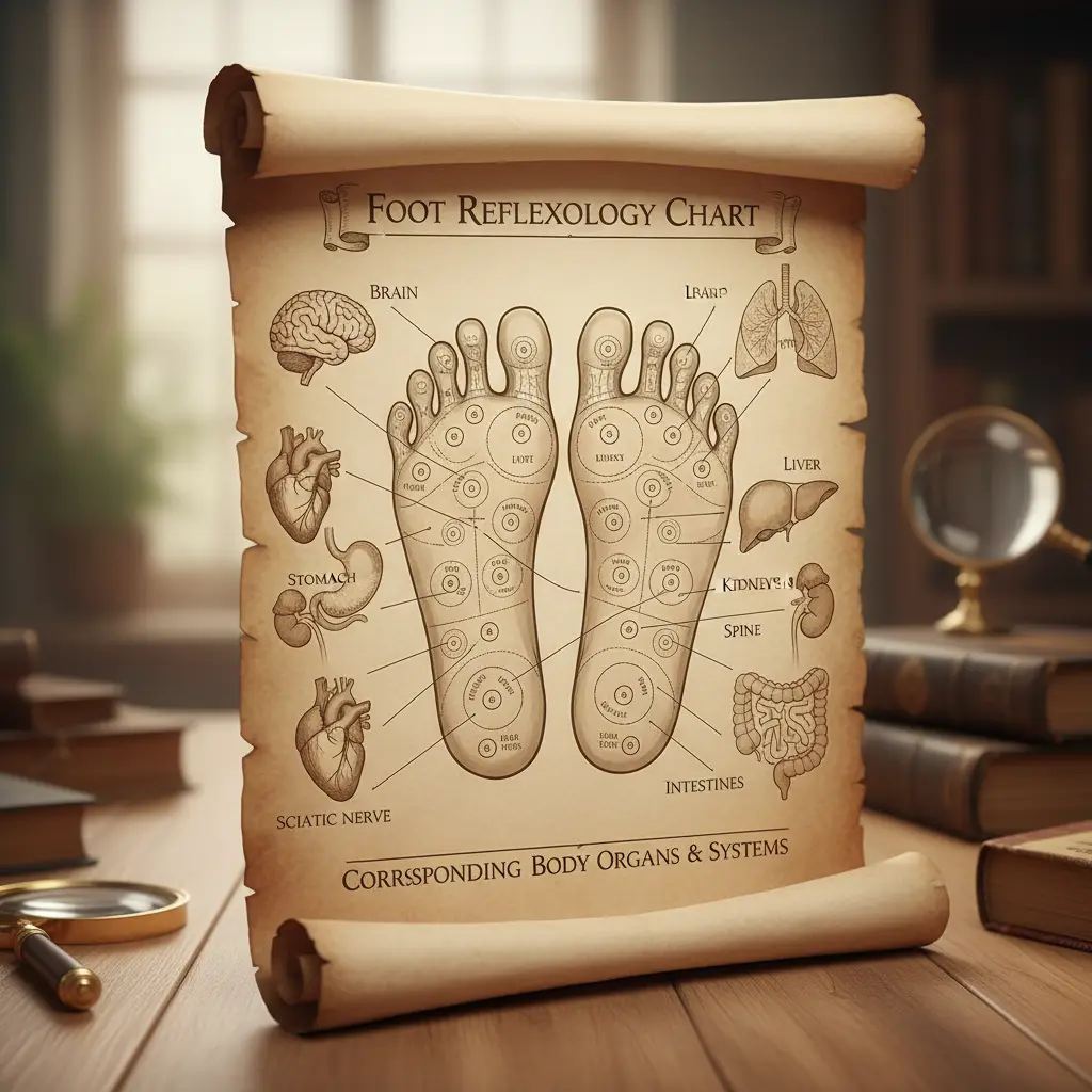 Foot reflexology chart illustrating corresponding body parts