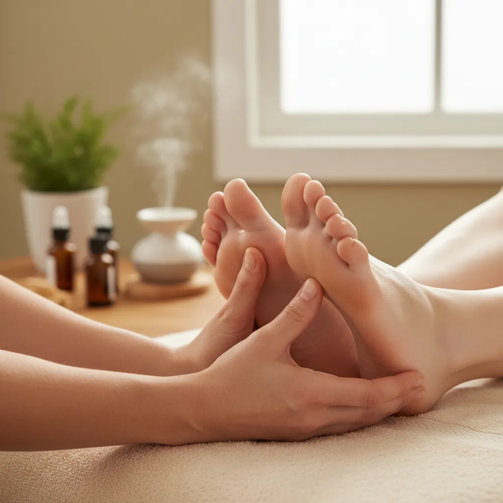 Reflexologist performing foot massage during a session