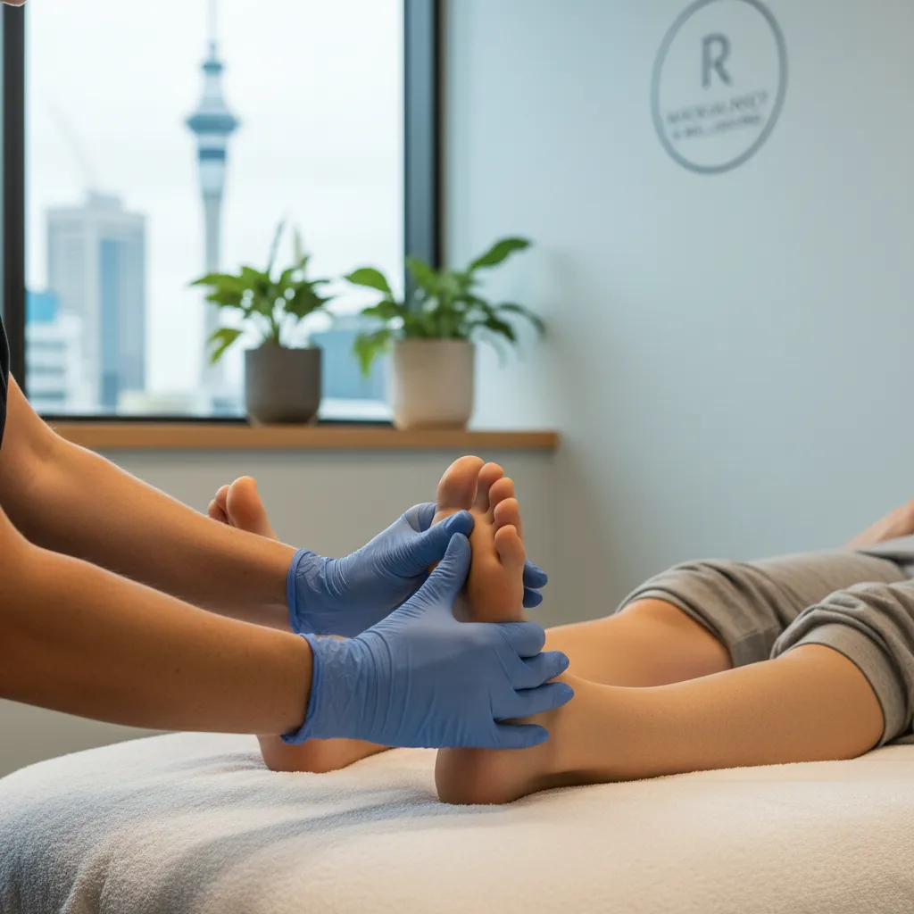 Professional reflexologist performing postnatal foot massage