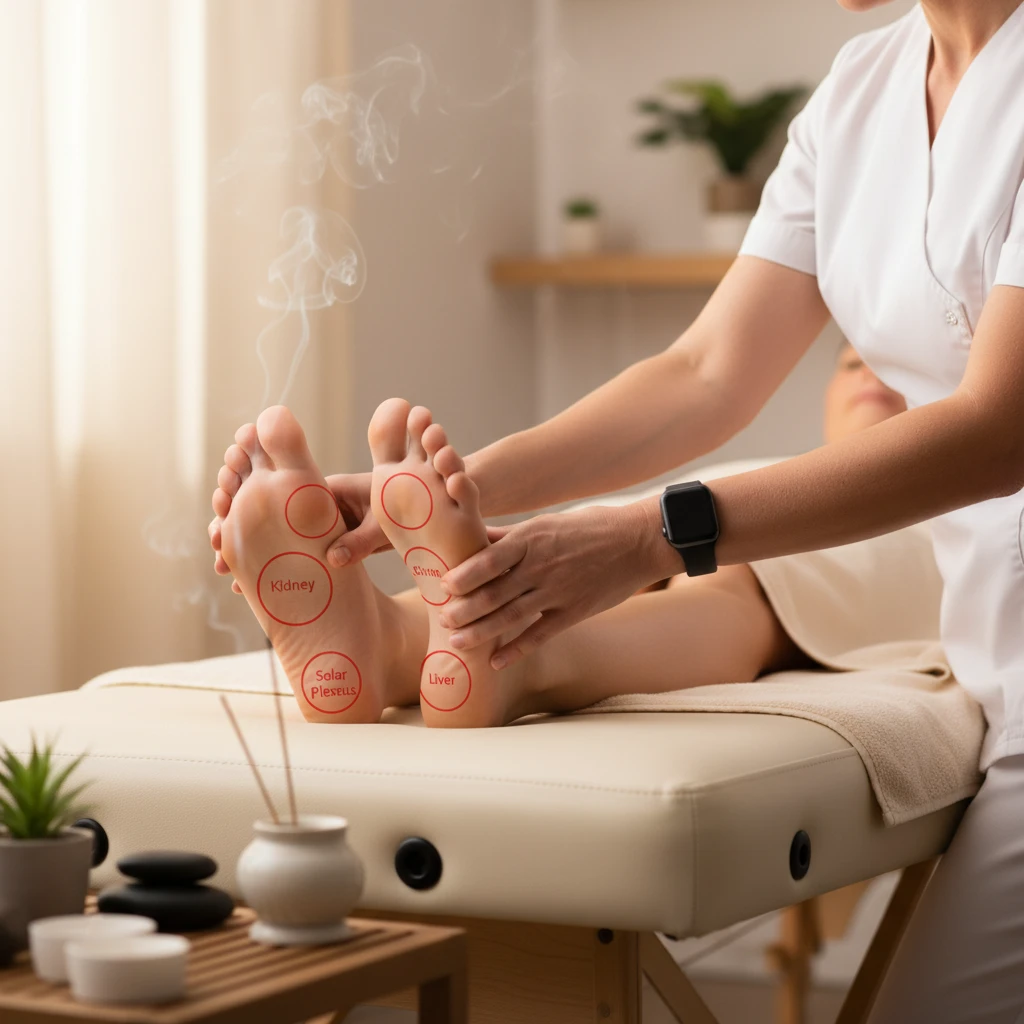 Athlete receiving sports reflexology on their feet in Auckland