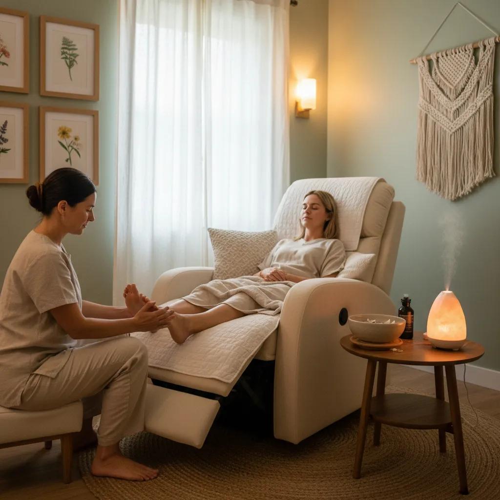 A serene reflexology room where a therapist is performing foot reflexology
