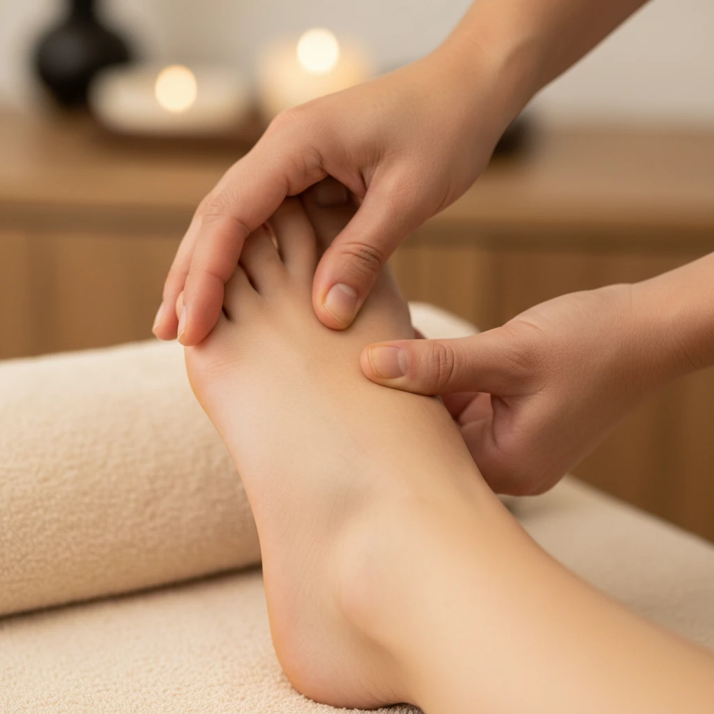 Close-up of a reflexologist's hands performing a treatment on a foot