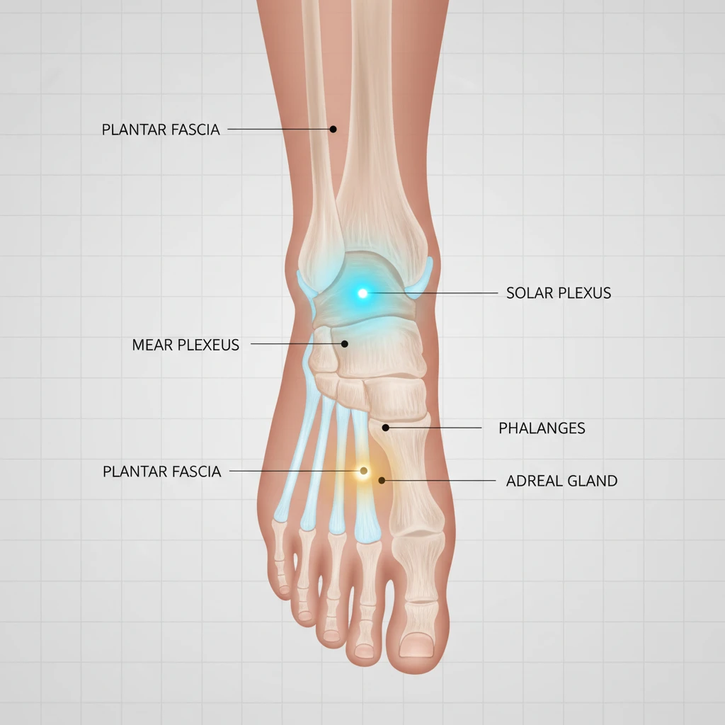 Anatomical chart of foot reflexology points for plantar fasciitis