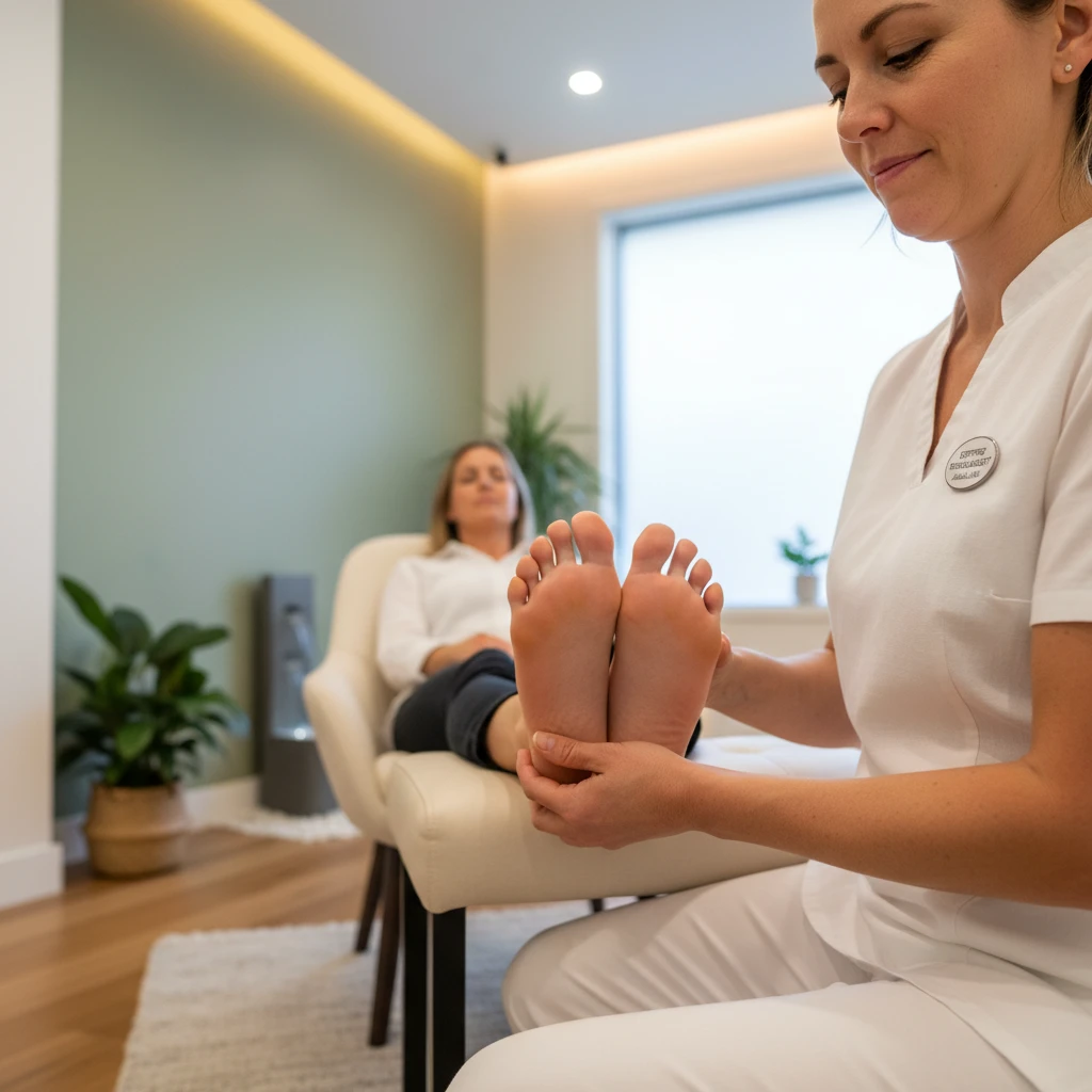 Certified reflexologist providing a foot reflexology session in a calming clinic.