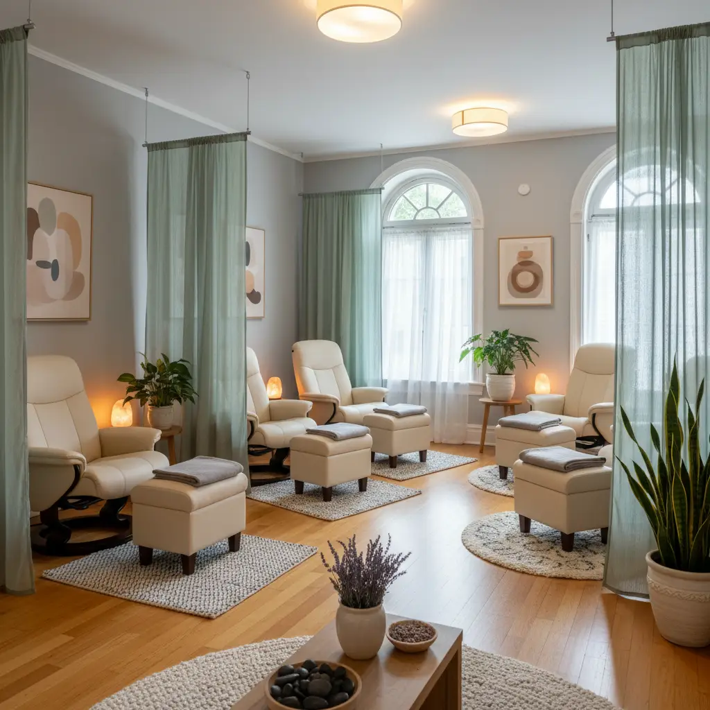 Interior of a calming reflexology clinic, ready for client relaxation.
