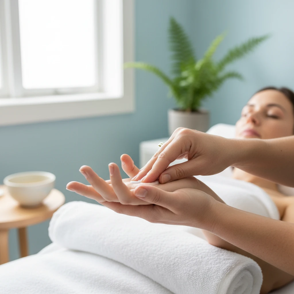 Reflexologist working on client's hand for pain relief