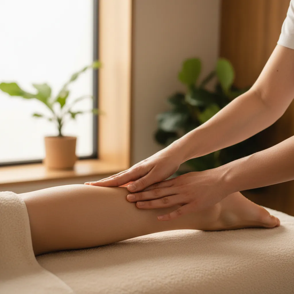 Reflexologist working on calf and Achilles tendon