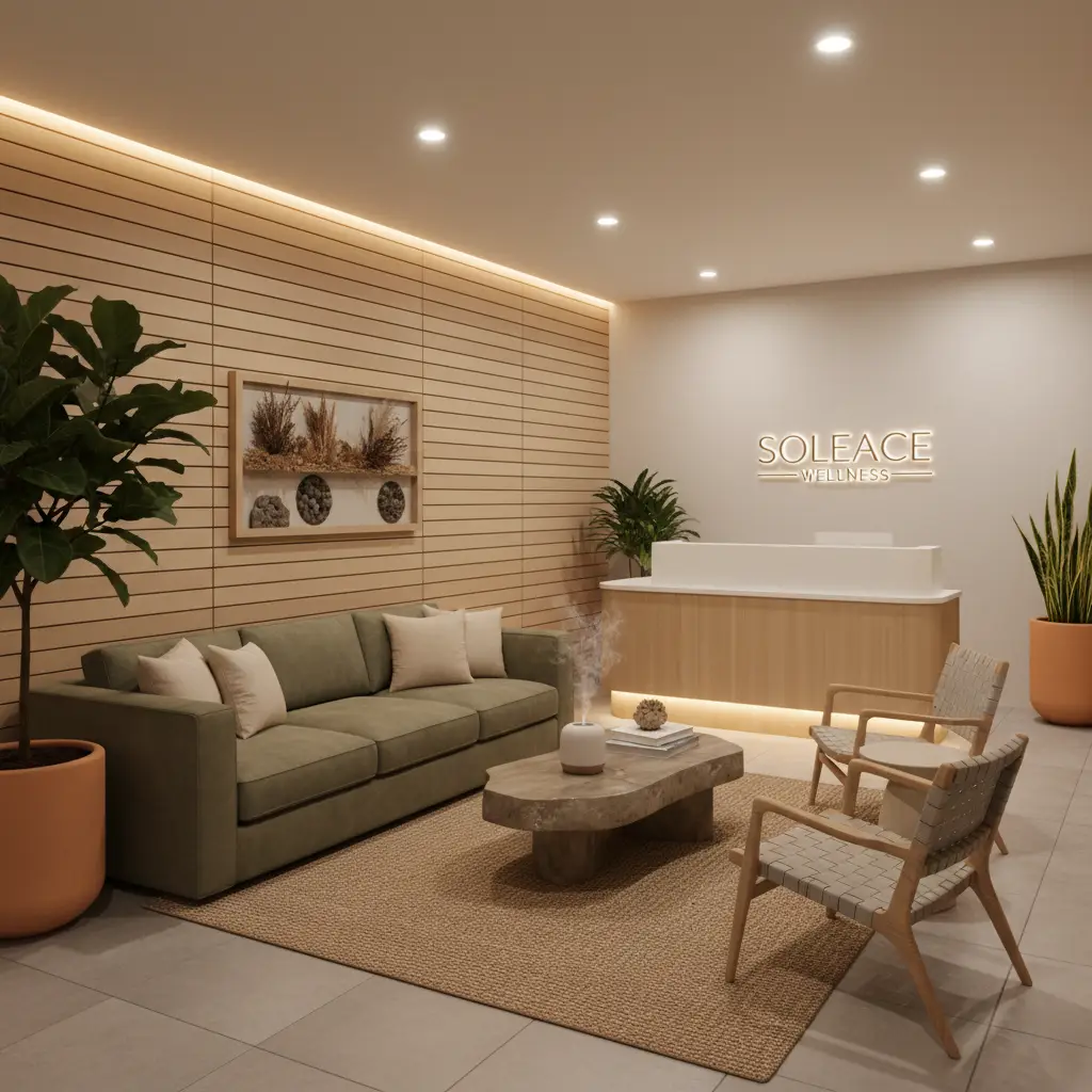 Interior of a calming reflexology clinic reception area