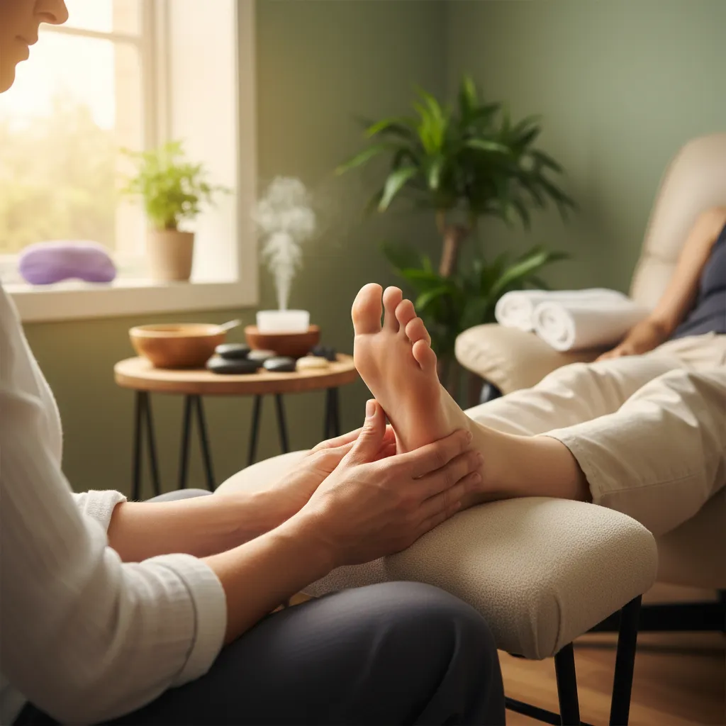 A reflexologist performing a foot reflexology treatment