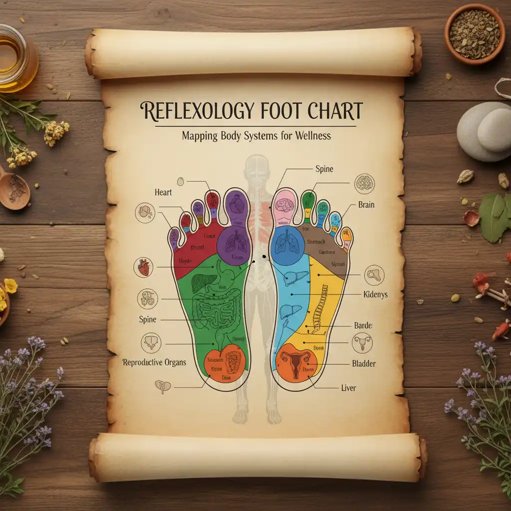 Reflexology foot chart showing mapped body areas