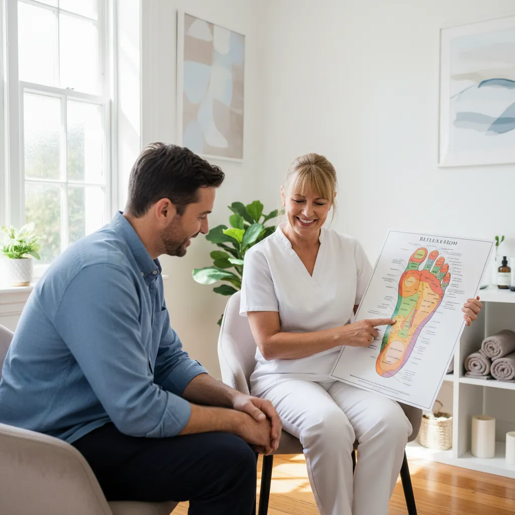 Auckland reflexologist discussing treatment plan