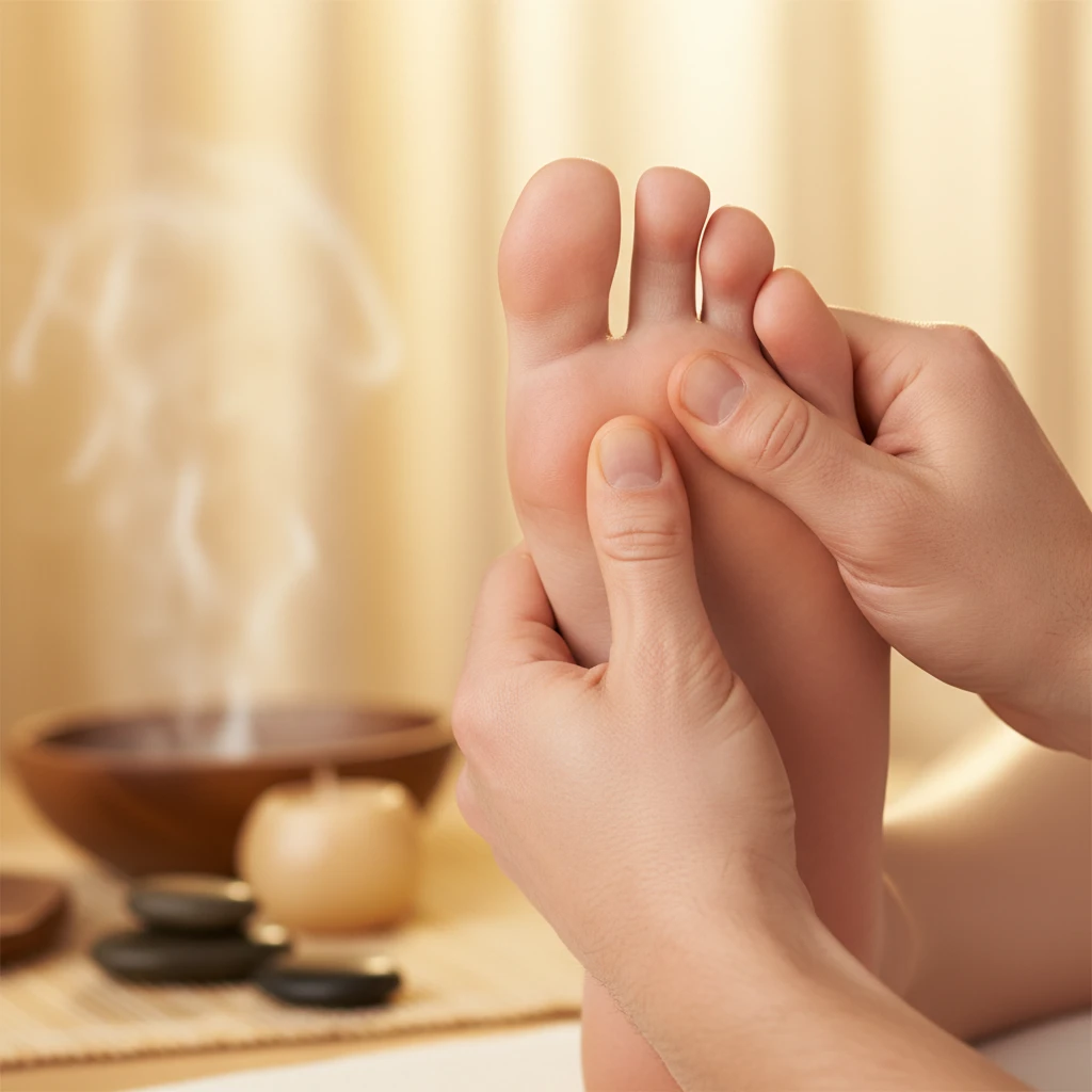 Reflexologist pressing the solar plexus point for relaxation and posture