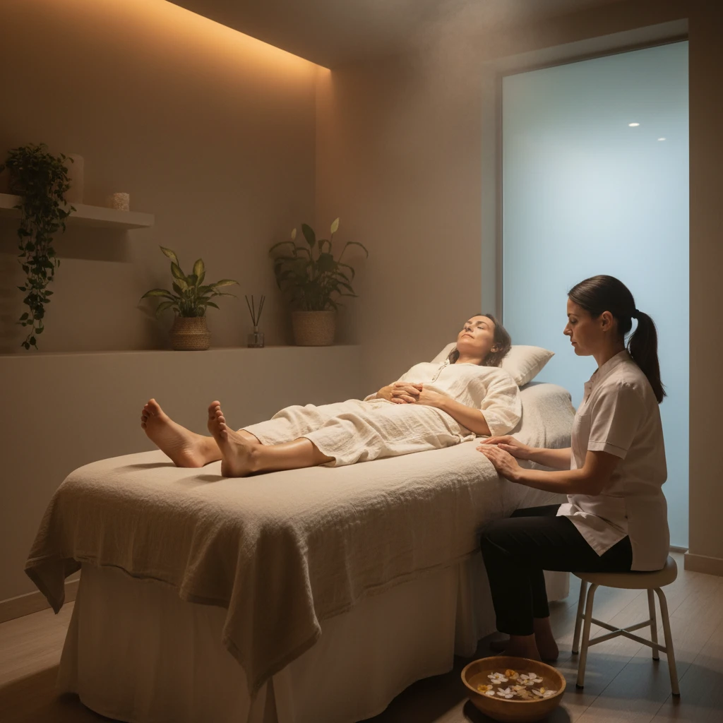 A person comfortably dressed for reflexology, receiving treatment on their feet.