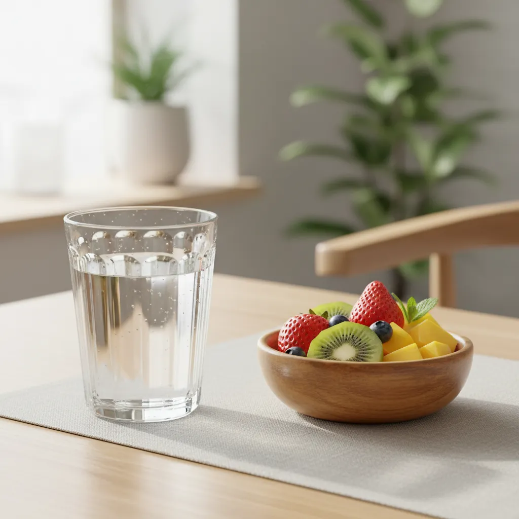 A glass of water and a bowl of fruit, representing healthy pre-reflexology choices.