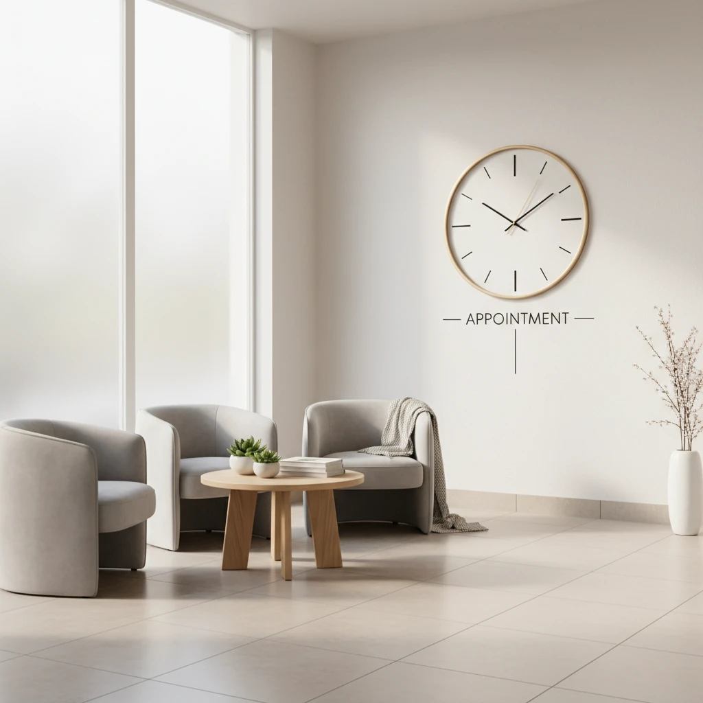 A calm waiting room, indicating the benefits of arriving early for a reflexology appointment.