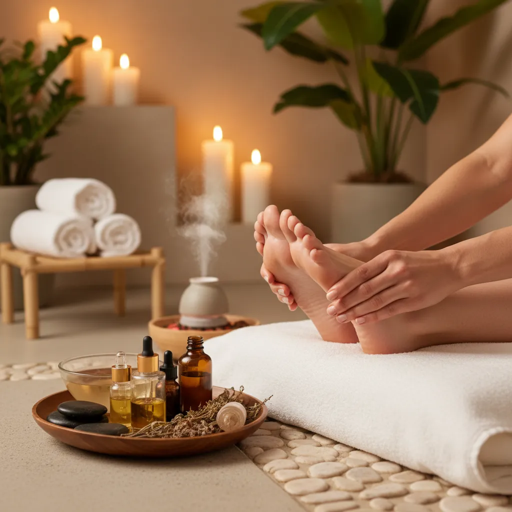 Reflexology session in progress, focusing on the feet