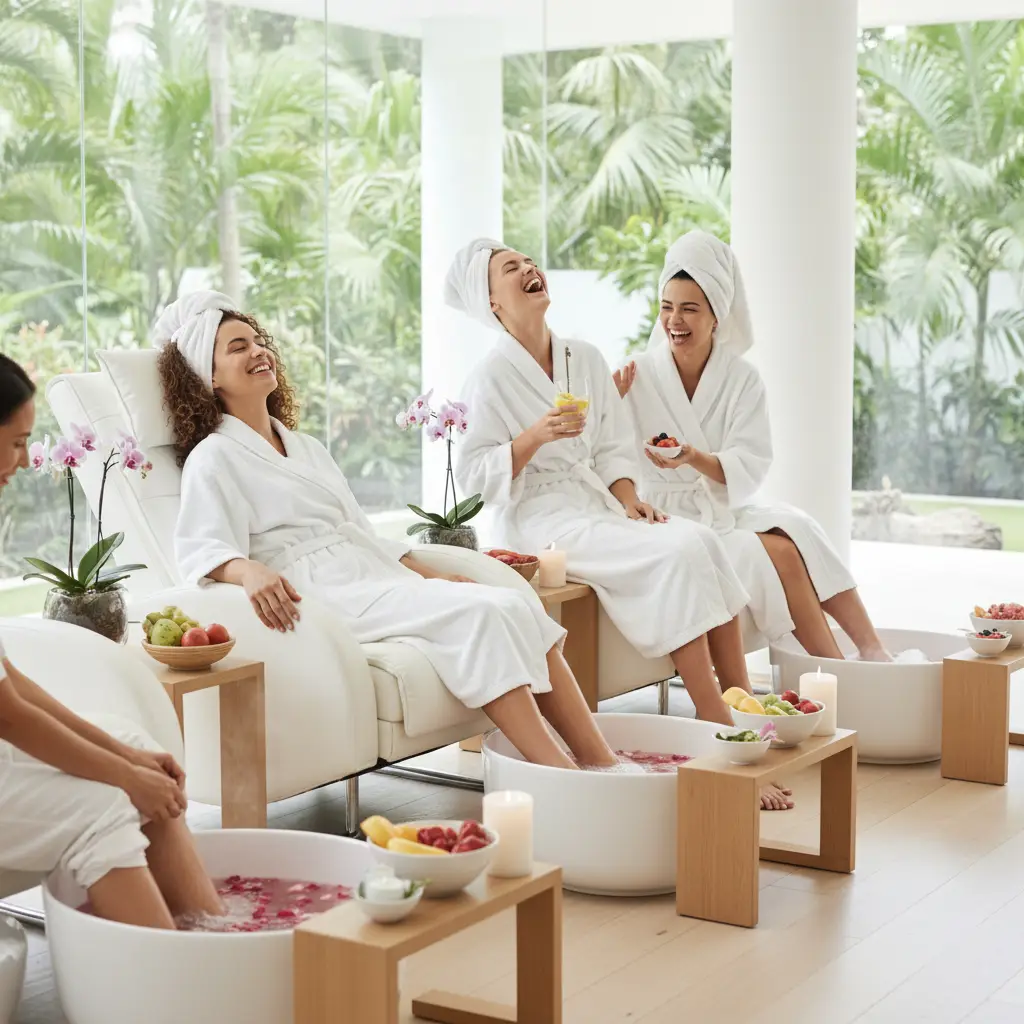 Friends enjoying a group reflexology session