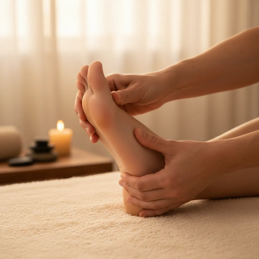 A reflexologist gently working on a client's foot, applying pressure to specific reflex points.