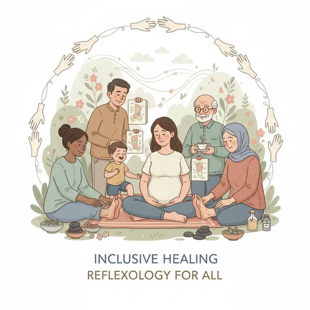 An illustration depicting a pregnant woman, a child, and an adult, highlighting that reflexology can be adapted for different life stages.