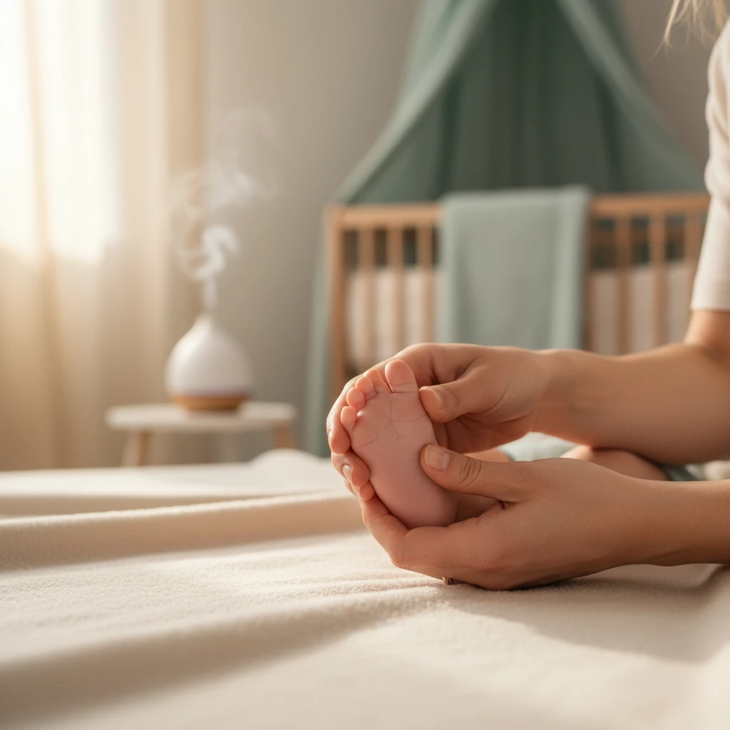 Mother gently massaging baby's foot using reflexology techniques