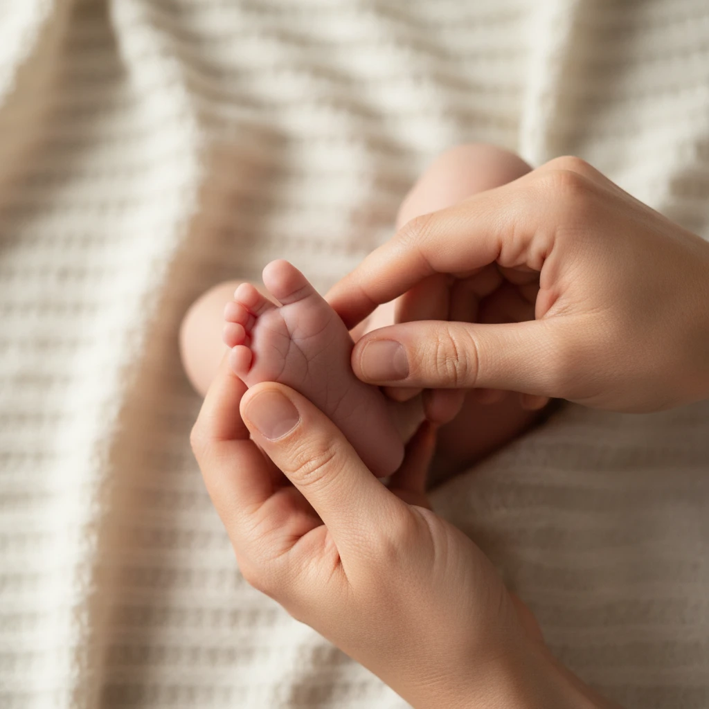 Adult hands gently applying reflexology to a baby's foot