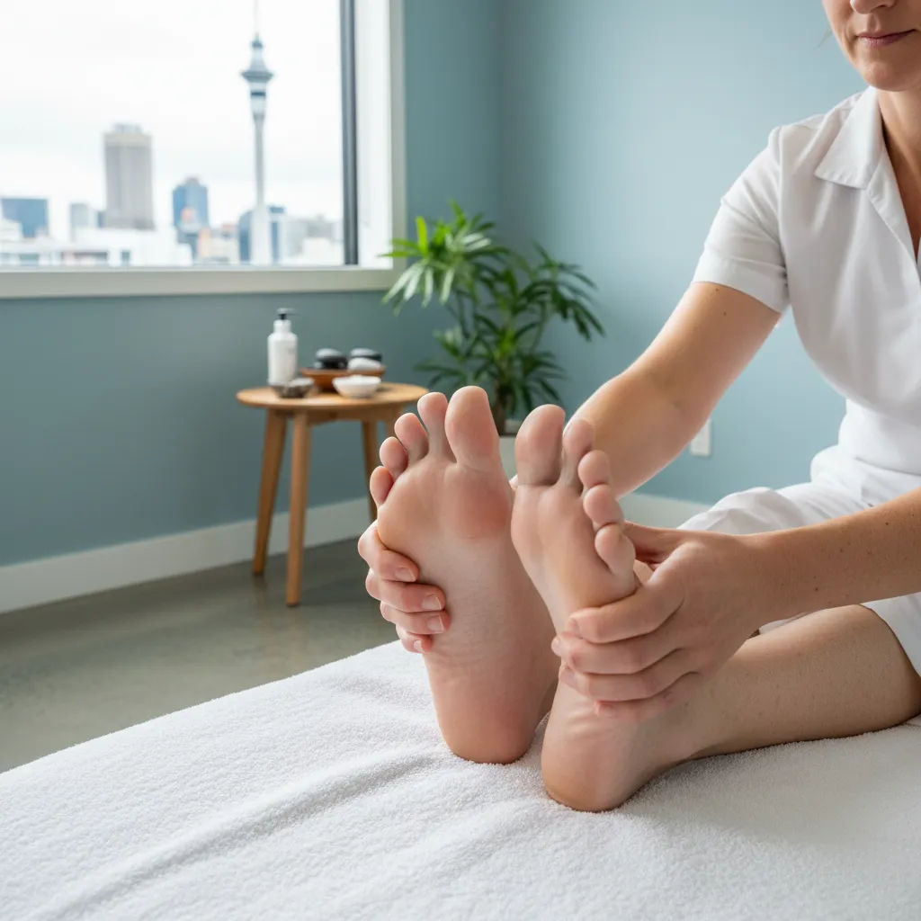 Reflexologist applying gentle pressure to a senior's foot in Auckland