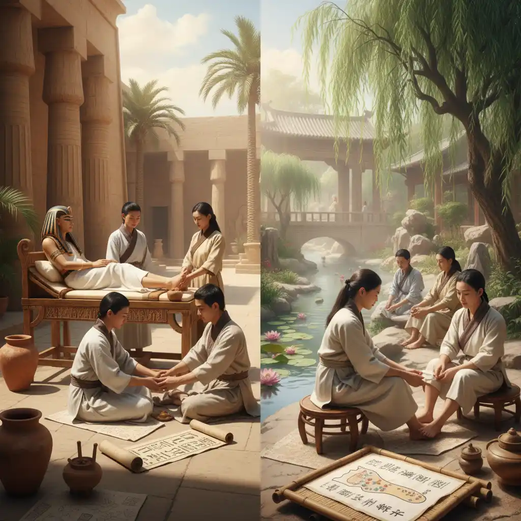 Ancient origins of reflexology showing a historical therapy session