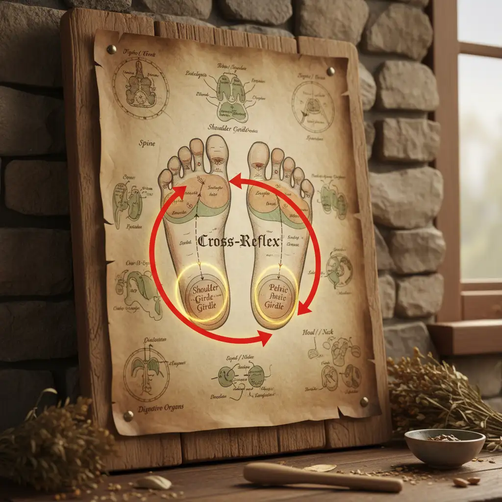 Reflexology cross-reflex chart connecting shoulders and hips