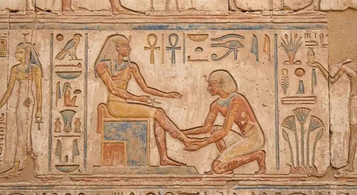 Ancient Egyptian hieroglyph showing early foot therapy