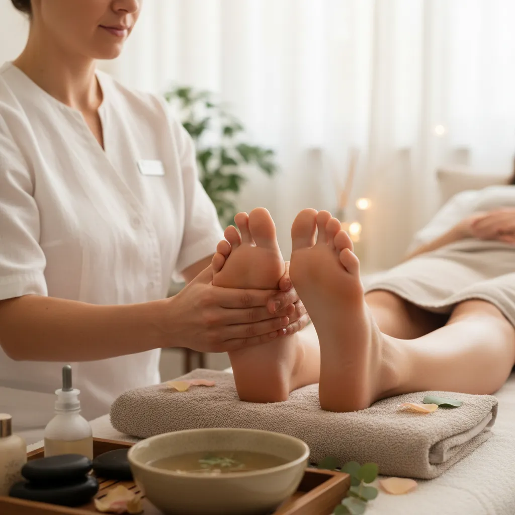 Reflexologist working on feet in a relaxing environment