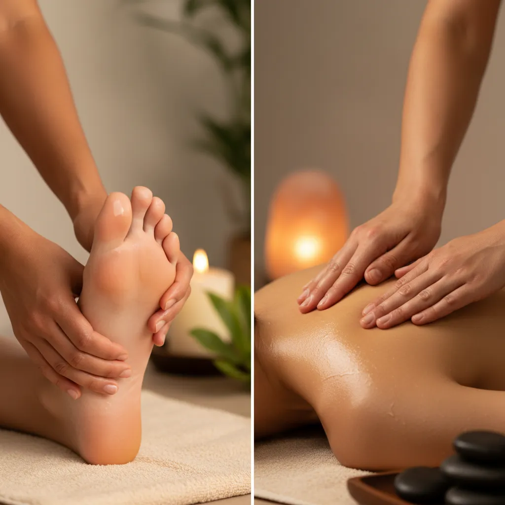 Comparison of a reflexology session on feet and a massage session on the back, illustrating their different areas of focus.