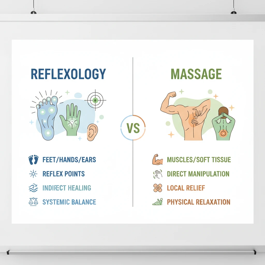 Infographic comparing the core principles and techniques of reflexology and massage therapy.