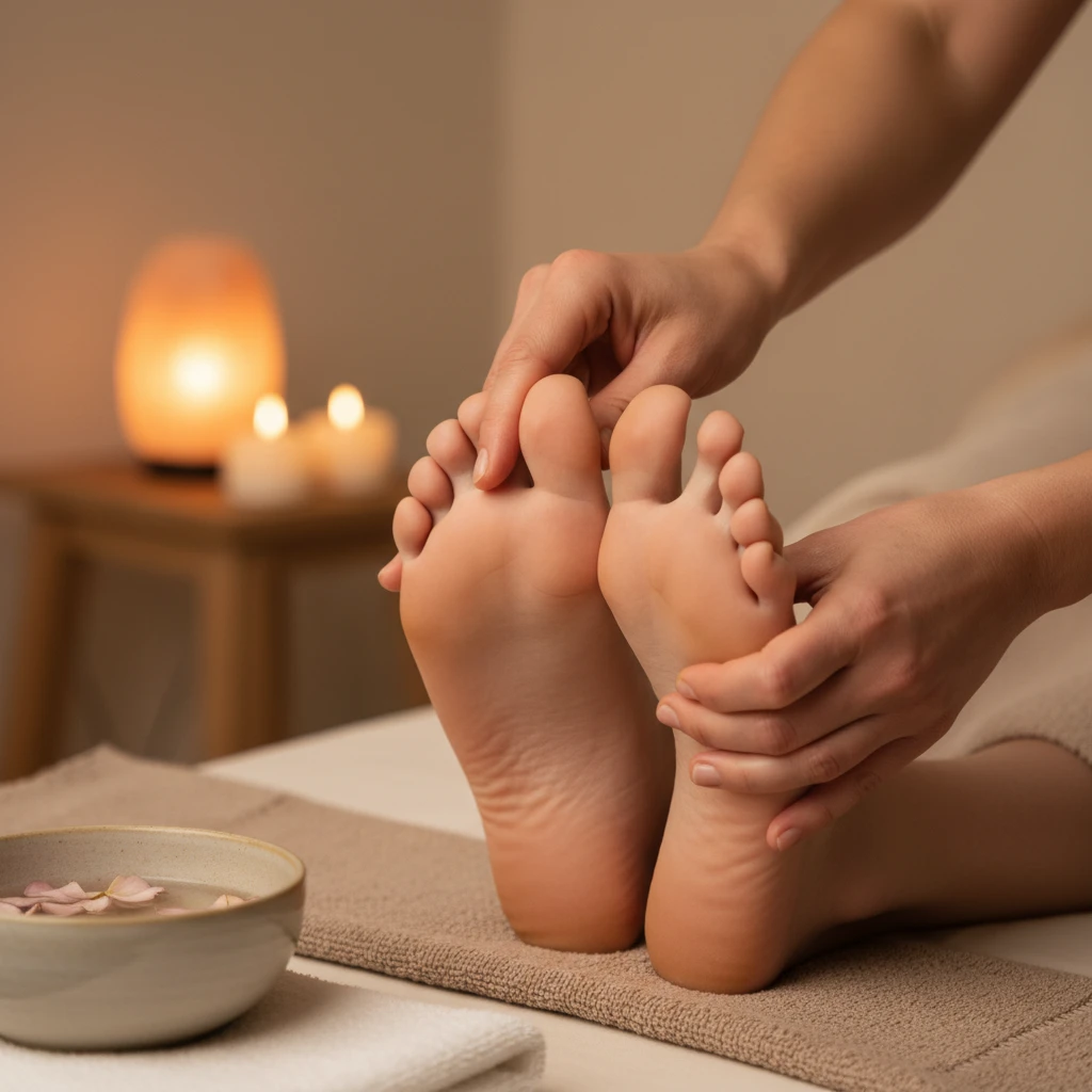 Reflexology session in progress, hands applying pressure to feet