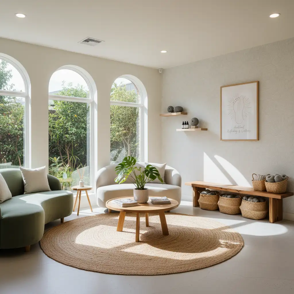 Interior of a calm reflexology clinic waiting room
