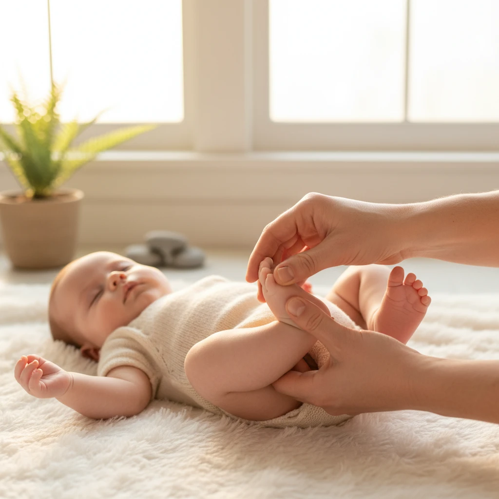 Parent gently massaging infant's foot for reflexology