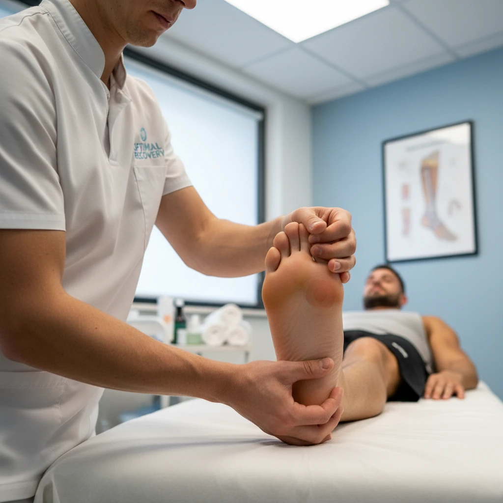 Therapist applying pressure to the knee reflex point on the foot