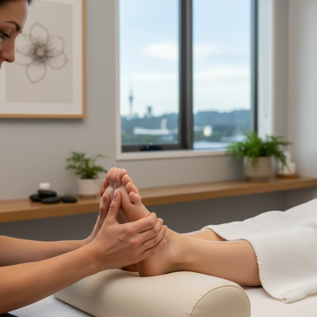 Client receiving professional reflexology treatment in Auckland