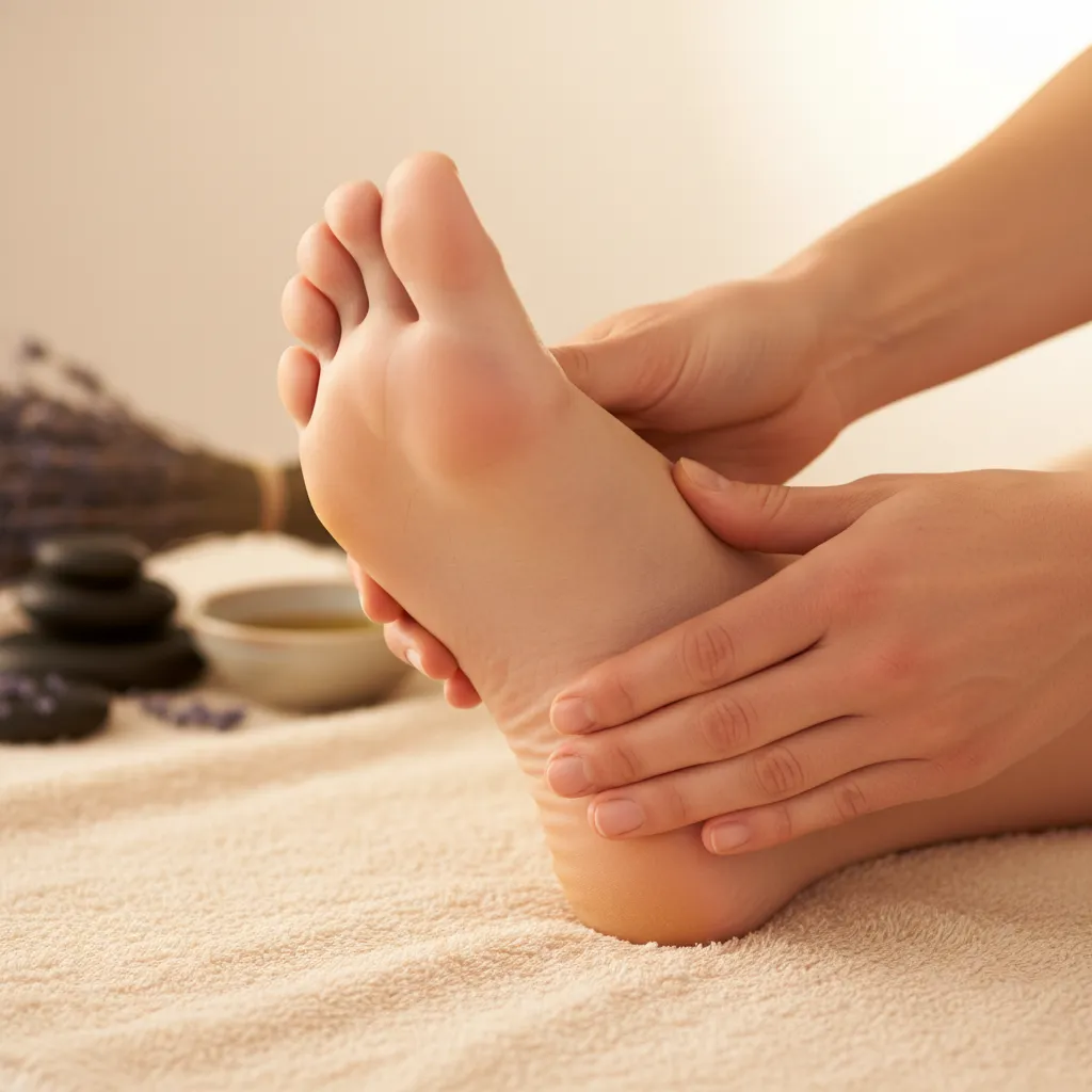 Reflexologist applying pressure to foot reflex points