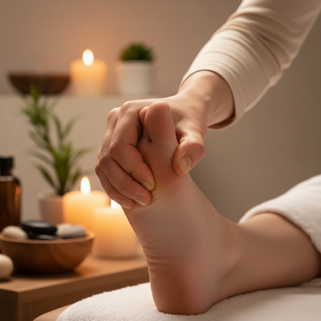 Reflexologist applying pressure to foot arch for pain relief