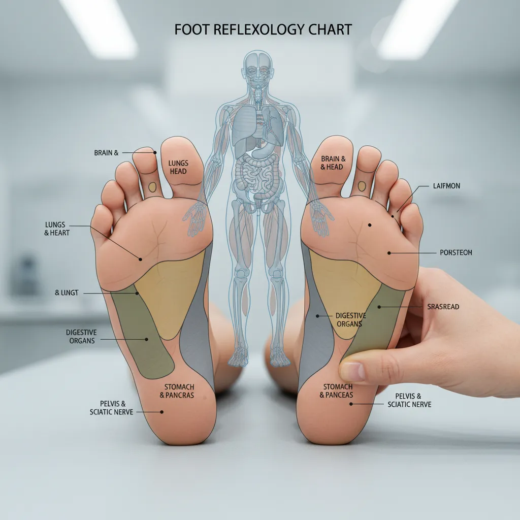 Foot reflexology chart indicating pressure points for various organs and body systems, illustrating the holistic nature of the therapy.