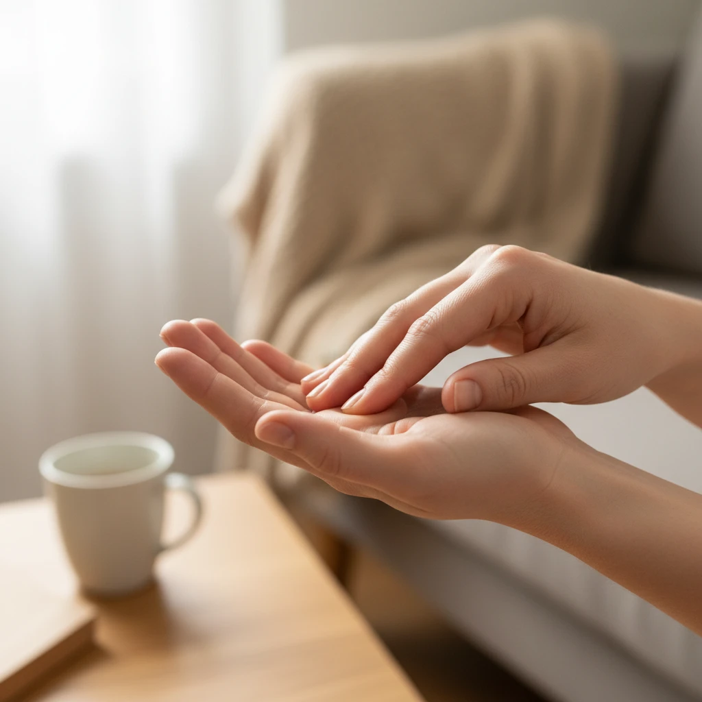 Self-hand reflexology technique being performed, showing focused pressure on a palm point for immediate stress relief.