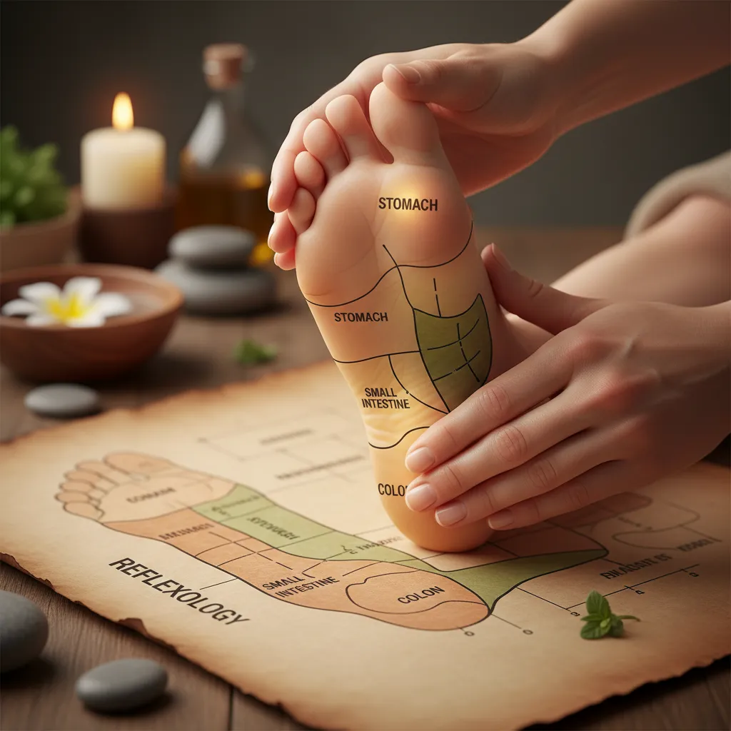 Detailed foot reflexology chart showing digestive organ points