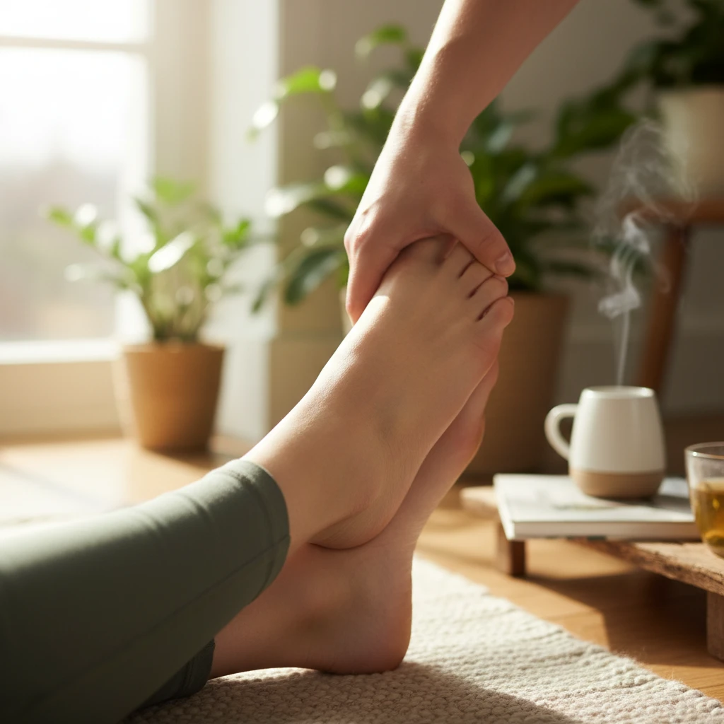 Woman performing self-reflexology on her foot for digestive relief