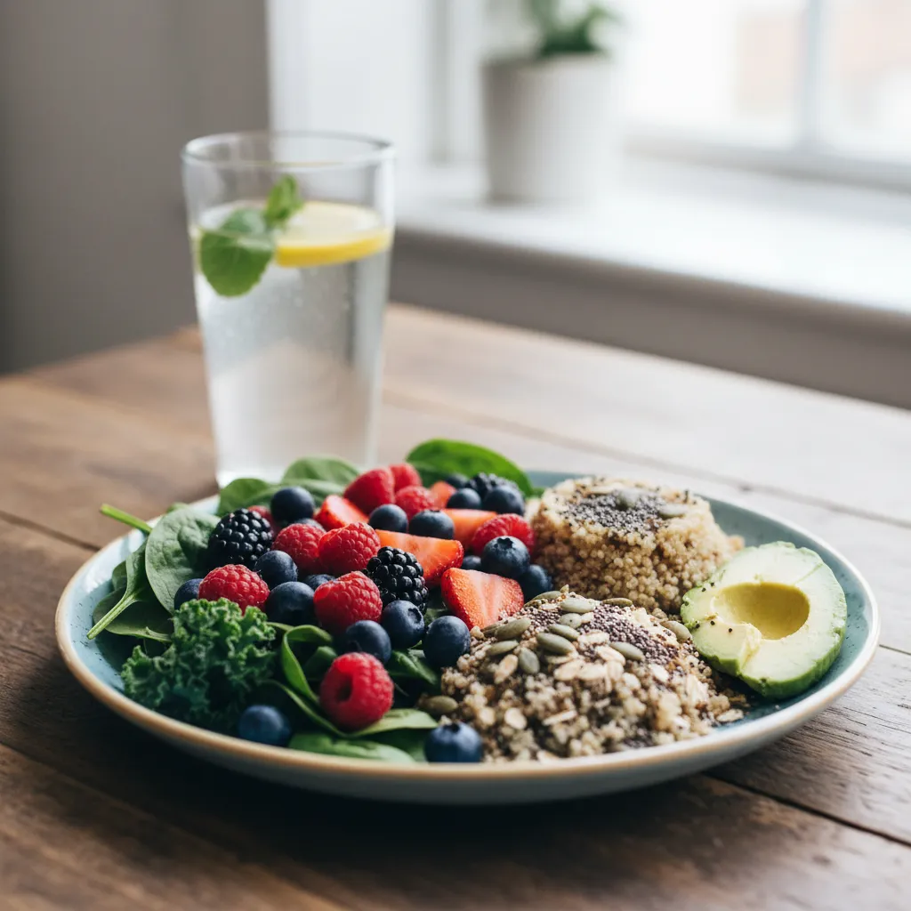 Colorful plate of fruits, vegetables, and whole grains for gut health