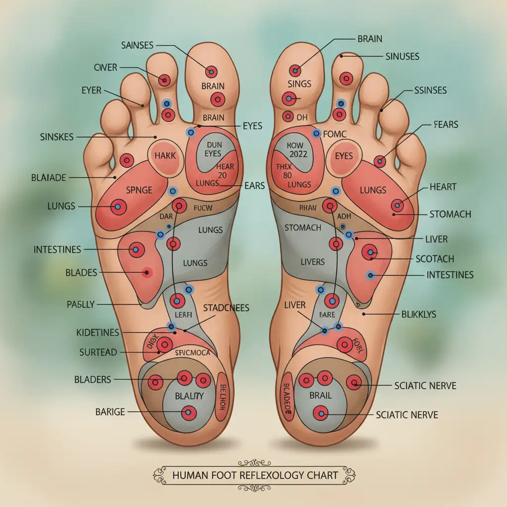 Reflexology foot map showing corresponding body parts