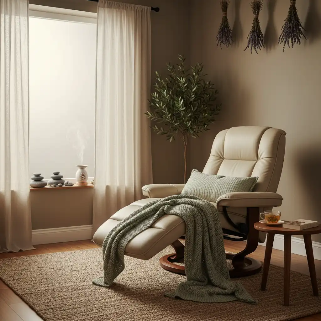 Peaceful reflexology treatment room ready for a session