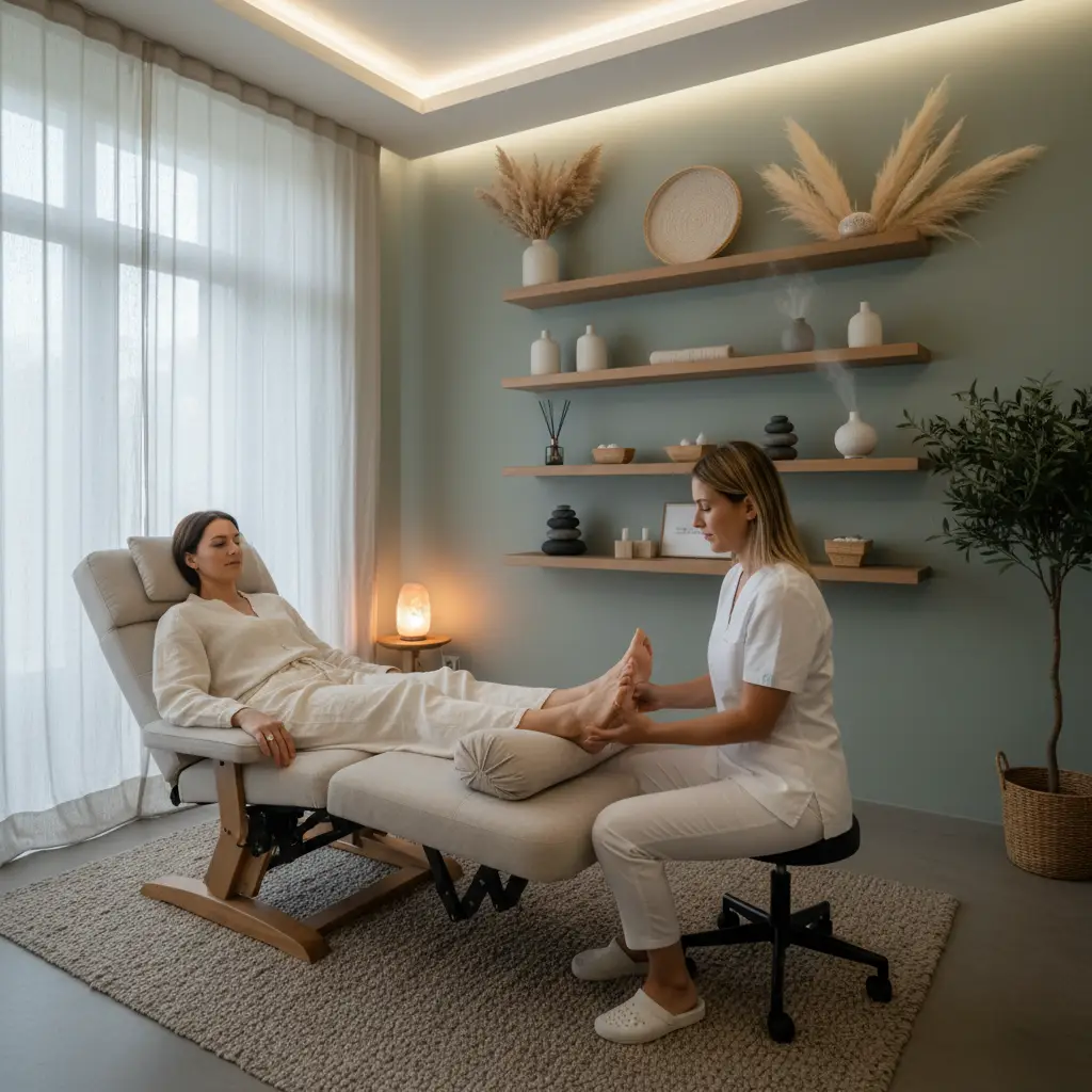 A client preparing for their first reflexology session in a calming Auckland clinic