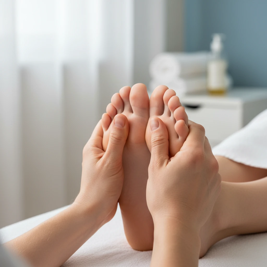 Reflexologist applying pressure to specific points on a client's foot during a session
